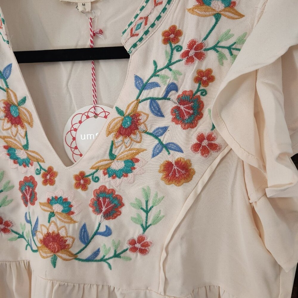 Umgee Embroidery Notched Double Ruffle Sleeve Blouse - Picture 4 of 11